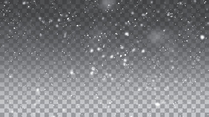 Snow landscape with falling snowflakes isolated on transparent background. Snow storm effect, blurred, cold wind with snow.