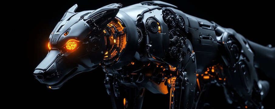 Steel robotic dog showing its complex mechanics and glowing orange eyes on a dark background