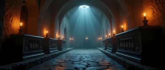 Obraz premium An underground crypt with sarcophagi where candles are placed at each corner