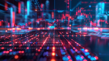 Vibrant display of financial data with bright bars and lines illustrating market trends during an active trading session in a digital environment