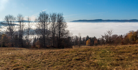 View from meadow bellow Filipka hill summit in Slezske Beskydy mountains in Czech republic