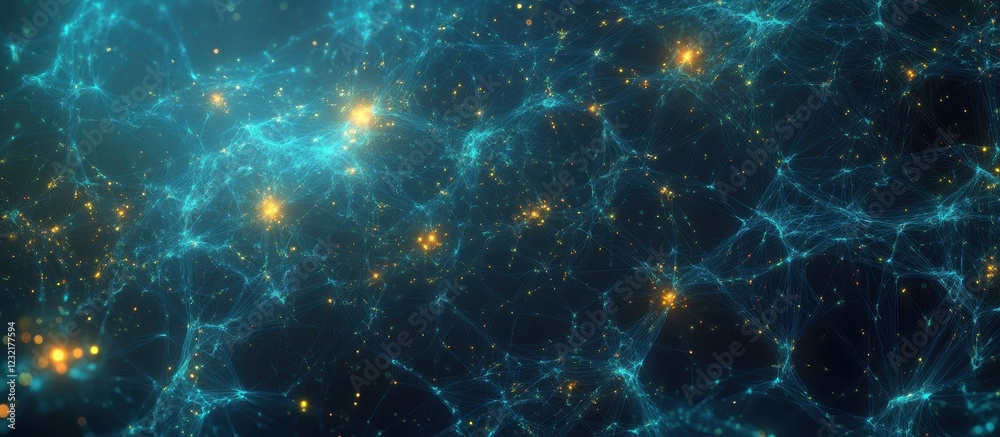 Wall mural abstract digital network with glowing connections and nodes in a futuristic blue and gold color sche