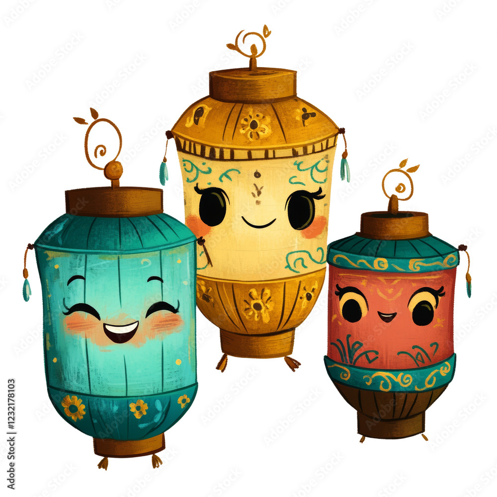 Poster a digital illustration depicts three smiling asian-style lanterns with unique designs and colors.