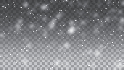 Winter snowfall effect of falling white snow flakes and shining, New Year snowstorm or blizzard realistic backdrop. 