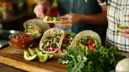 Freshly prepared tacos with vibrant vegetables and salsa, showcasing a lively kitchen scene