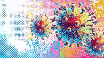 Creative illustration of simplified coronavirus particles in pop art style, surrounded by vibrant halftone patterns