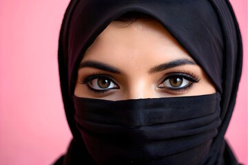 Naklejka premium Arab woman with a black hijab covering her face looking at the camera against the pink background with copy space