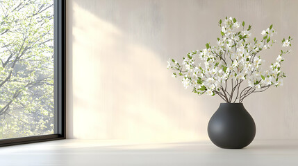 Minimalist spring blossoms in vase near window