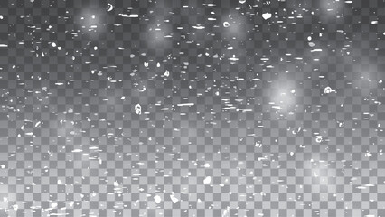 Snow and snowflakes on transparent background. Winter snowfall effect of falling white snow flakes and shining, New Year snowstorm or blizzard realistic backdrop.