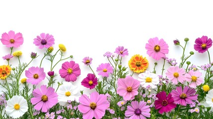 Fototapeta premium Beautiful summer garden flowers. Cosmos, aster, coreopsis, zinnia, daisy flower frame border isolated on white background. Creative layout. Flat lay, top view. Design element