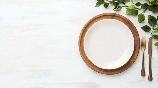 A white plate with a fork and knife on a wooden plate