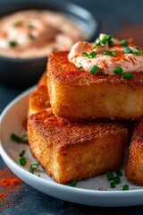 Patatas Bravas (Spanish Fried Potatoes): Crispy fried potato cubes, wedges,  topped with a rich, smoky red brava sauce and creamy aioli, served on a white plate with a sprinkle of paprika.