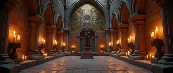 Obraz premium Statue of a demon in the Underground Hall with Gothic arches, where candles are installed in niches