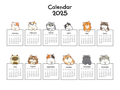 Calendar 2025 Collection with Vector Illustration of Cute Cartoon Cat Character Design