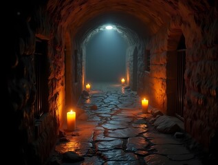 The castle's underground prison, where candles barely illuminate the narrow corridors