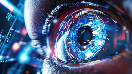 close up of futuristic eye with digital elements, symbolizing technology and innovation