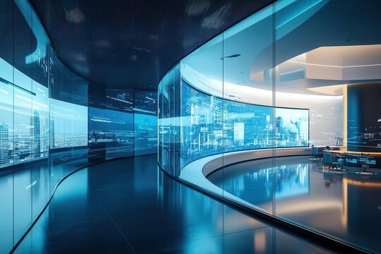 modern office space with curved glass walls, designer presenting digital mockups on multiple floating holographic displays, ambient blue lighting creating futuristic atmosphere