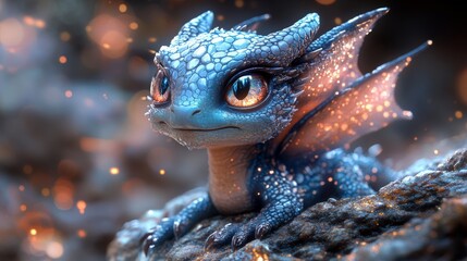 Sleeping blue baby dragon nestled on rocky terrain, surrounded by glowing embers casting mystical illumination