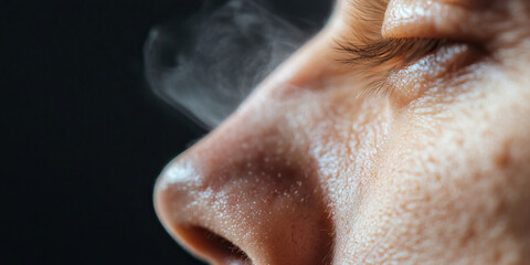 Naklejka premium Close-up of Human Nose and Eye with Vapor
