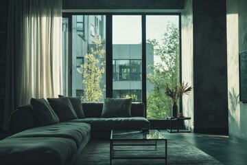 Fototapeta premium Modern living room interior design featuring a cozy sofa, natural light, and greenery for a tranquil home atmosphere