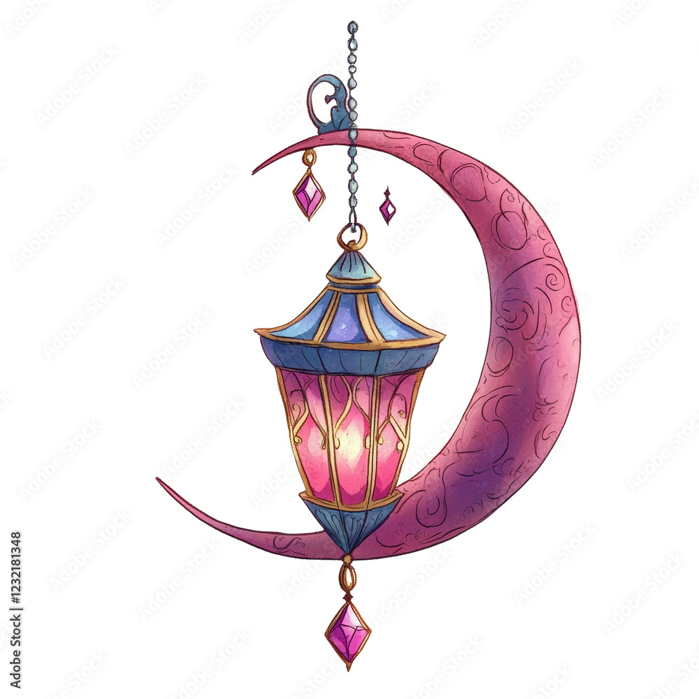 Poster a digitally painted image depicts a glowing lantern hanging from a crescent moon adorned with jewels
