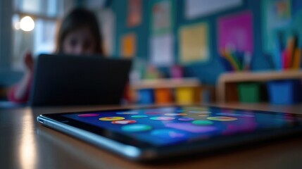 Child's Tablet in Blurred Classroom Background