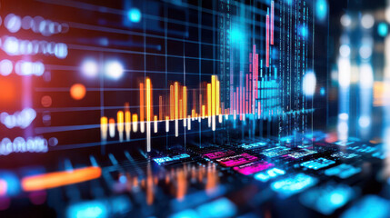 Digital data visualization with colorful graphs and charts, showcasing trends and analytics in modern office setting