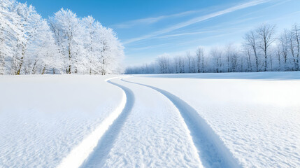 Obraz premium Winter snow landscape, tire tracks, trees, sunny day, postcard