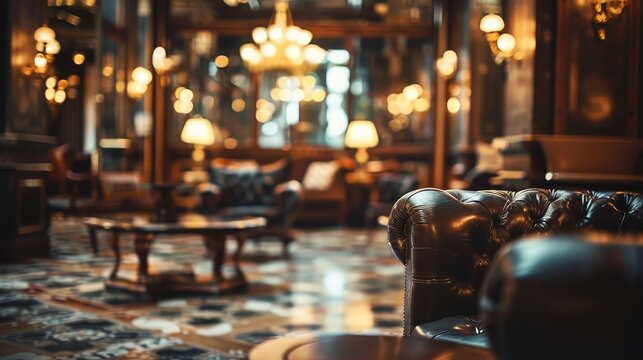 A vintage hotel lounge with plush armchairs, soft lighting from table lamps, and an atmosphere of luxury and comfort. Gentlemen club VIP, elite, UK