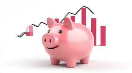 A piggy bank with a growing stock market chart, saving and investment concept, cute 3D, isolated on white background.