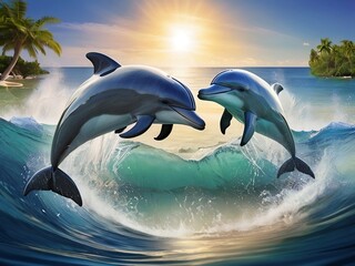 Fototapeta premium Couple dolphin jumping in the sea 
