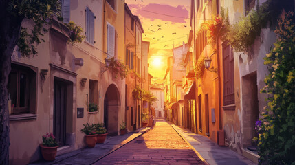 Obraz premium Sunset on Italy old town street cartoon vector illustration. Italian vintage house architecture and condominium apartment facade cityscape. Mediterranean suburban europe district for summer holiday