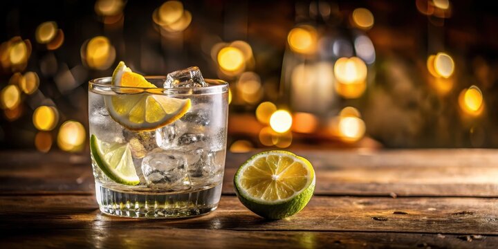 Elegant glass filled with chilled Tanqueray Gin, surrounded by ice and garnished with a lemon slice, on a modern wooden table, under soft warm lighting , glassware, party