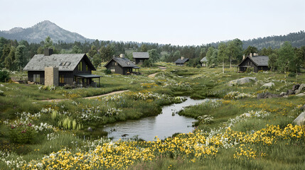 Mountain cabins, tranquil valley, blooming meadows, idyllic getaway