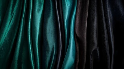 Obraz premium Emerald and Midnight: Luxurious Draped Fabric in Teal and Black: A rich, textured image showcasing the elegant folds and deep colors of teal and black silk or satin fabric. Perfect for backgrounds.