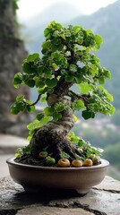 Lush Green Bonsai Tree in Brown Pot, Mountain Background