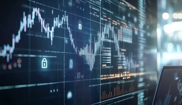 Cybersecurity stock market data displayed on a large screen with a laptop.