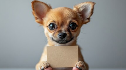 Tiny chihuahua puppy gripping blank recycled cardboard business card against neutral gray surface