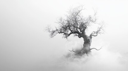 Foggy field, lone dead tree, eerie mist, mysterious landscape, album art