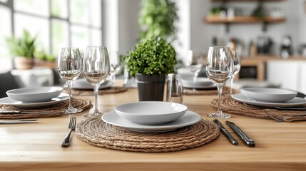 Warm-toned elegant wood dining table, perfect for cozy intimate dinners and gatherings This inviting setup features a rustic, yet sophisticated ambiance with place settings, glassware, and a