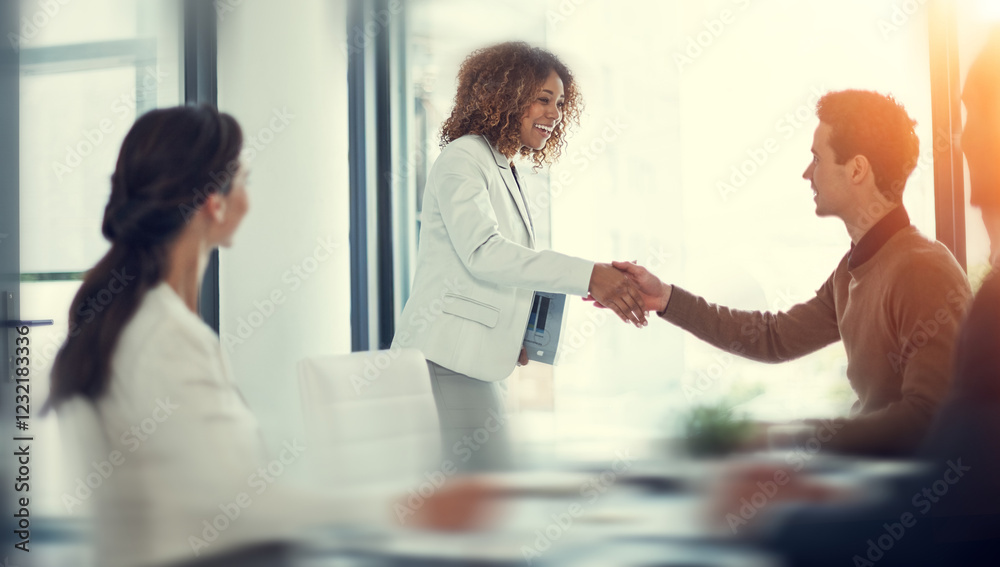 Poster Handshake, partnership and welcome with business people in meeting for contract merger, acquisition and thank you. Teamwork, loan agreement and banking firm with employees in office with lens flare