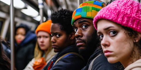 Fototapeta premium Four Young Adults on Public Transportation