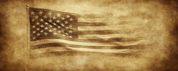 A historical sepia-toned photograph of a classic USA flag waving proudly in the wind, symbolizing American patriotism and freedom This vintage image evokes a sense of nostalgia and reflects the