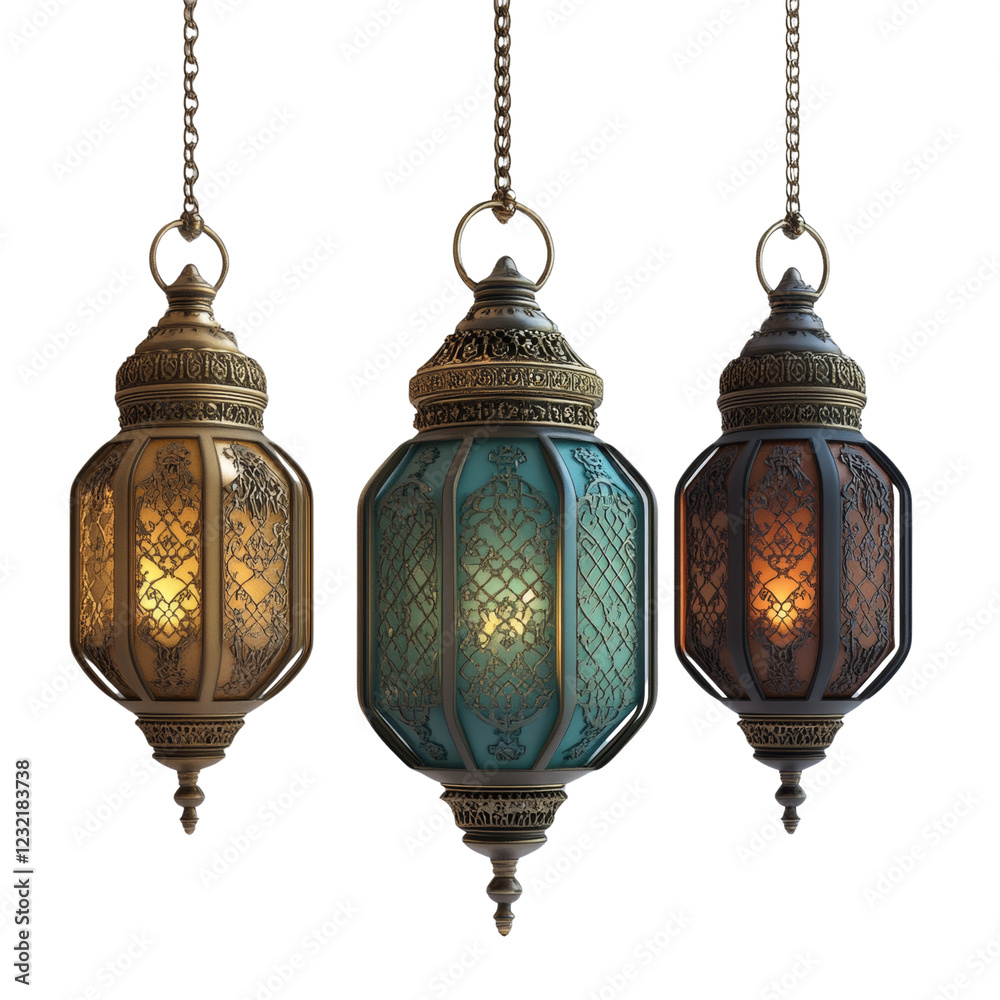 Poster the image shows three intricately designed hanging lanterns with warm inner lights, exhibiting diver