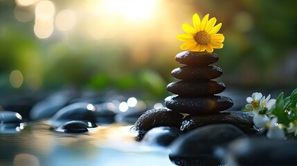 Obraz premium Zen stones with yellow flower on top, a peaceful scene with a soft bokeh background