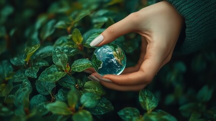 Glass globe depicting Earth delicately cradled between verdant leaves, representing global environmental conservation efforts