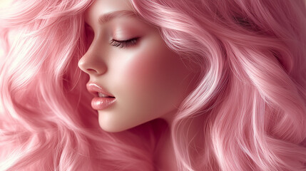 Close-Up of a Woman with Shiny pastel pink Wavy Hair – Perfect for Beauty, Haircare, and Fashion Advertisements, Salon Branding, and Cosmetic Product Promotions