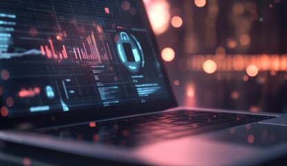 Laptop displaying futuristic data analytics and security interface at night.