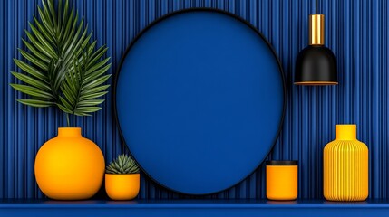 Elegant Display with Interior Decor:  A sophisticated presentation of interior decor, featuring a deep blue backdrop with a modern aesthetic. Includes elegant vases, lush greenery.