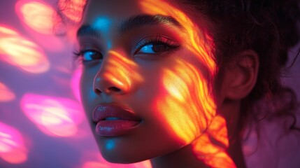 Fototapeta premium Fashion model wearing colorful light projections, creating dramatic visual effect with contemporary artistic styling